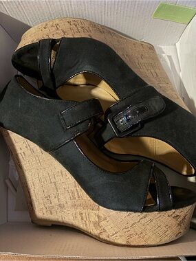 Women’s Black Suede Wedge Peep-Toe Sandals with Buckle